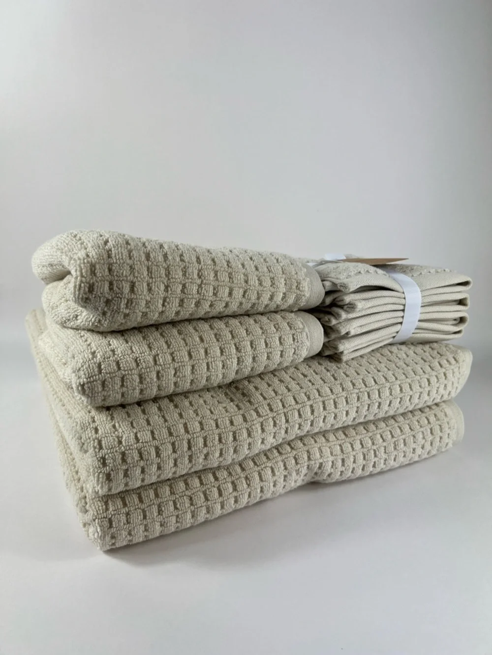 Ecoexistence Oversized Bath Towel Set Tan Waffle Cotton Quick Dry Set of 8 NEW